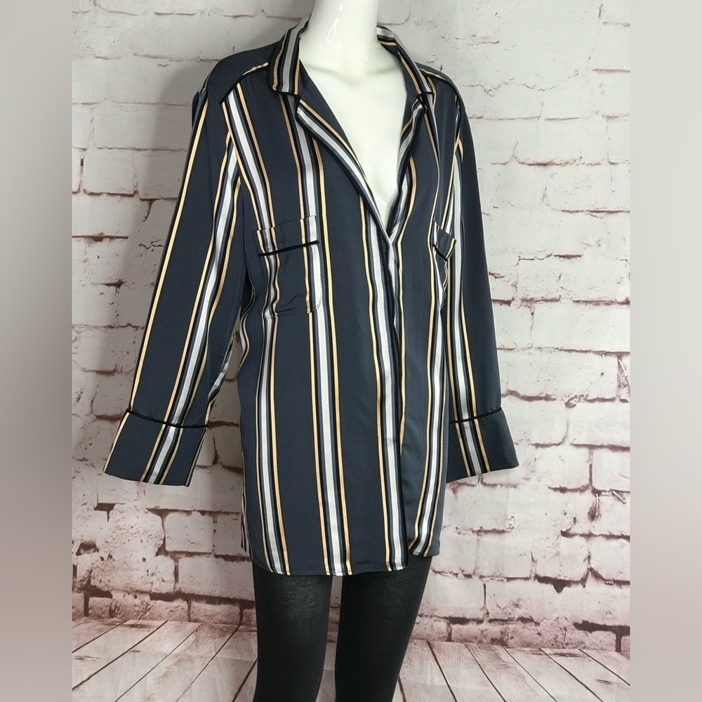 80s Vintage ESCADA SPORT Oversized silky grey & gold stripe blouse Size 16 EU 46